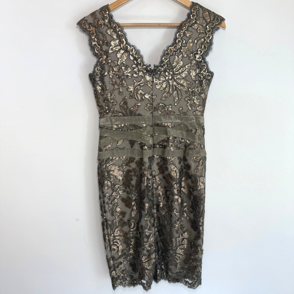 Tadashi Shoji Bronze Olive Sequin Lace Sheath Cocktail Dress Sz 4 Art Deco‎ Glam - Picture 7 of 16